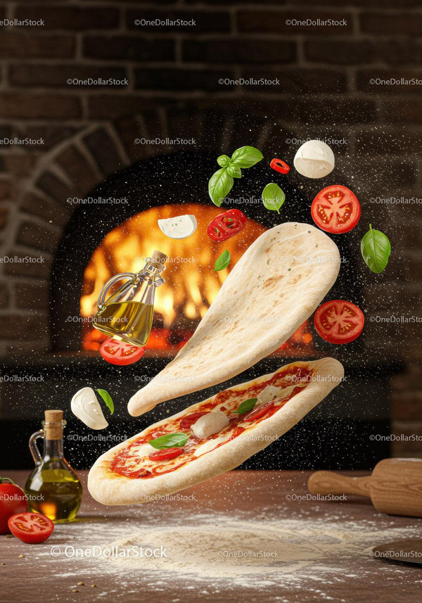 Fresh ingredients flying onto pizza dough near brick oven