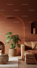 Modern Living Room with Terracotta Walls and Green Monstera Plant