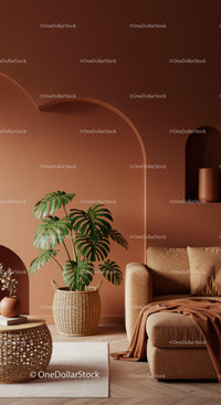 Modern Living Room with Terracotta Walls and Green Monstera Plant