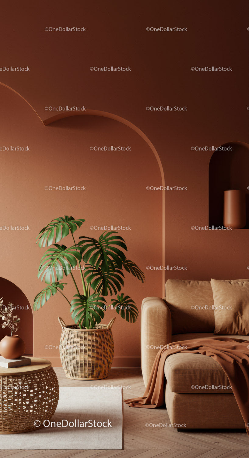 Nowoczesny salon ze ścianami z terakoty i zieloną rośliną Monstera