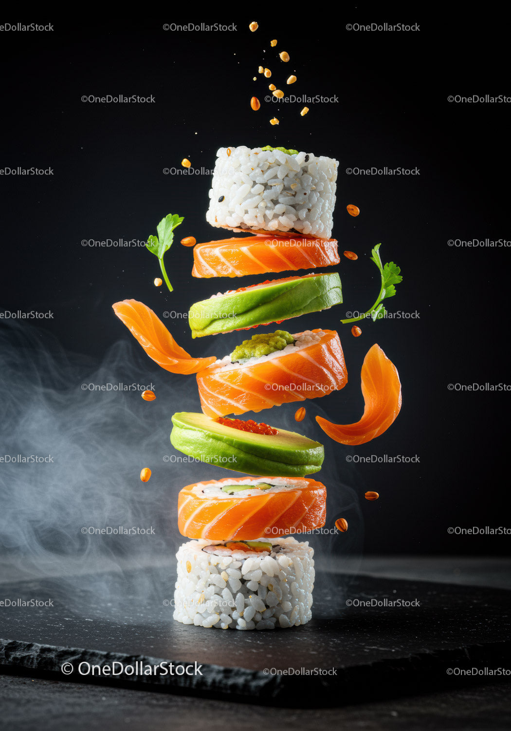 Deconstructed sushi roll with fresh salmon and avocado slices