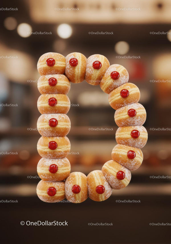 Round jelly-filled donuts arranged in a number zero