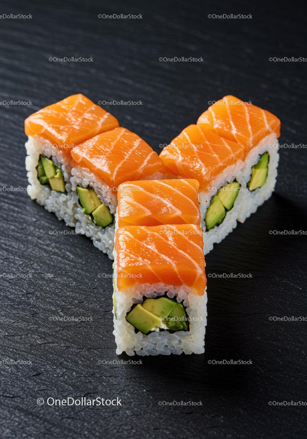 Świeże rolki sushi z łososiem i awokado na ciemnej powierzchni