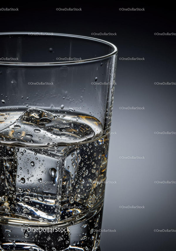 Clear glass of sparkling water with ice cubes closeup