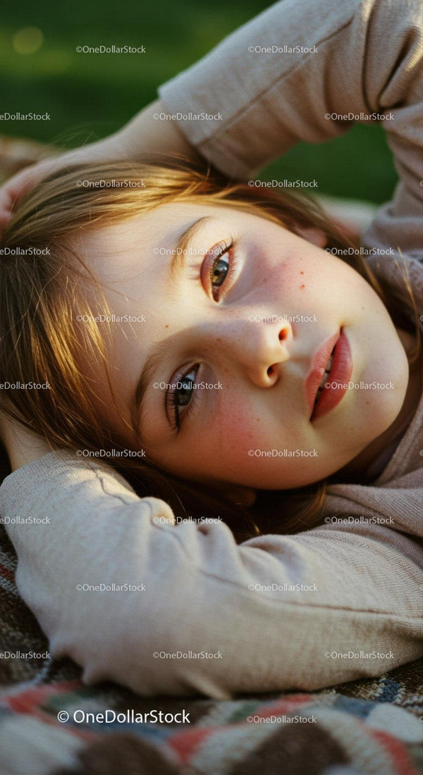 Peaceful young girl resting outdoors on a blanket