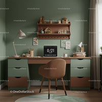 Stylish Green and Wood Home Office with Cozy Study Desk Setup
