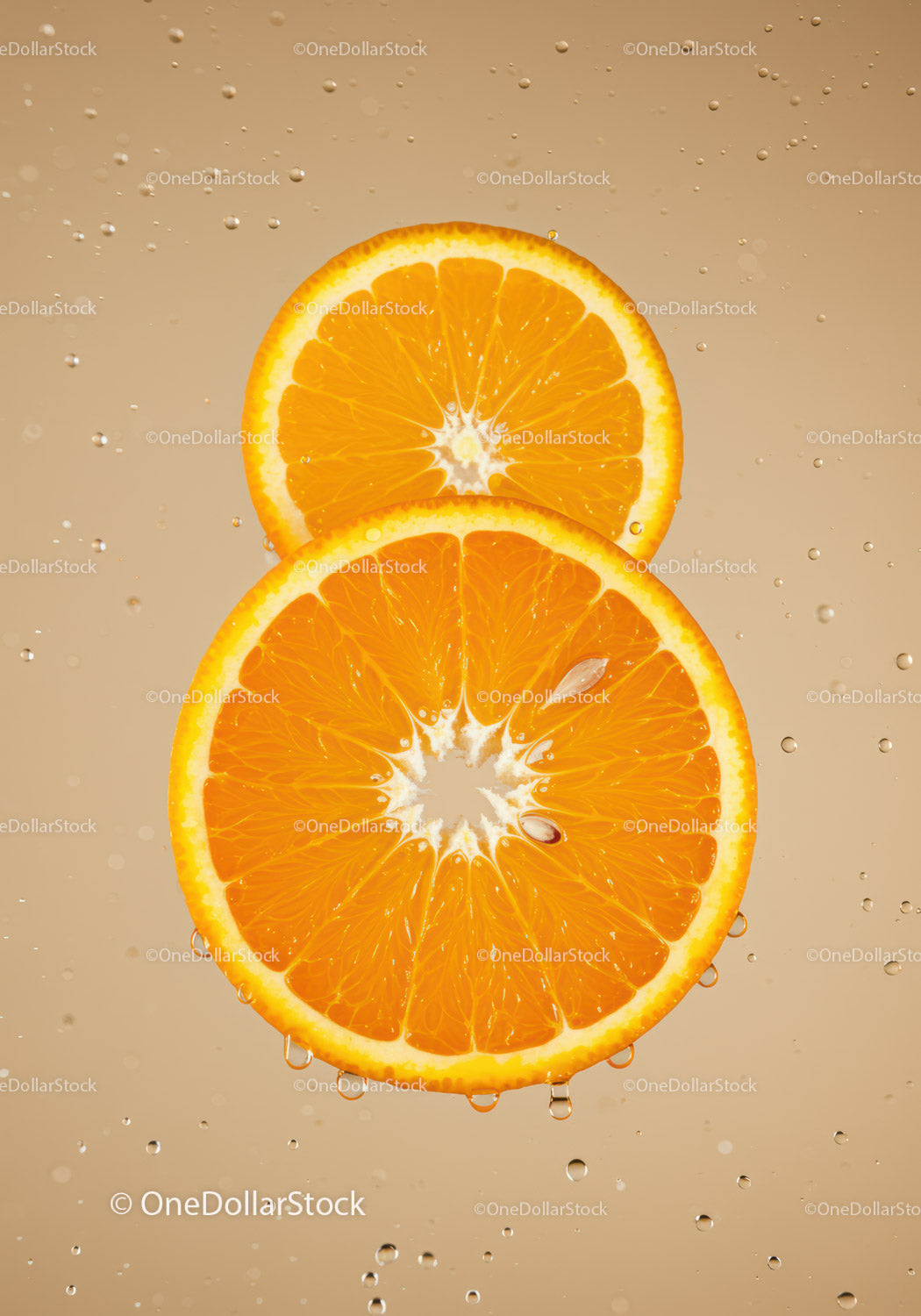 Fresh Orange Slices Submerged in Water Droplets