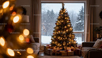Cozy living room with decorated Christmas tree and gifts