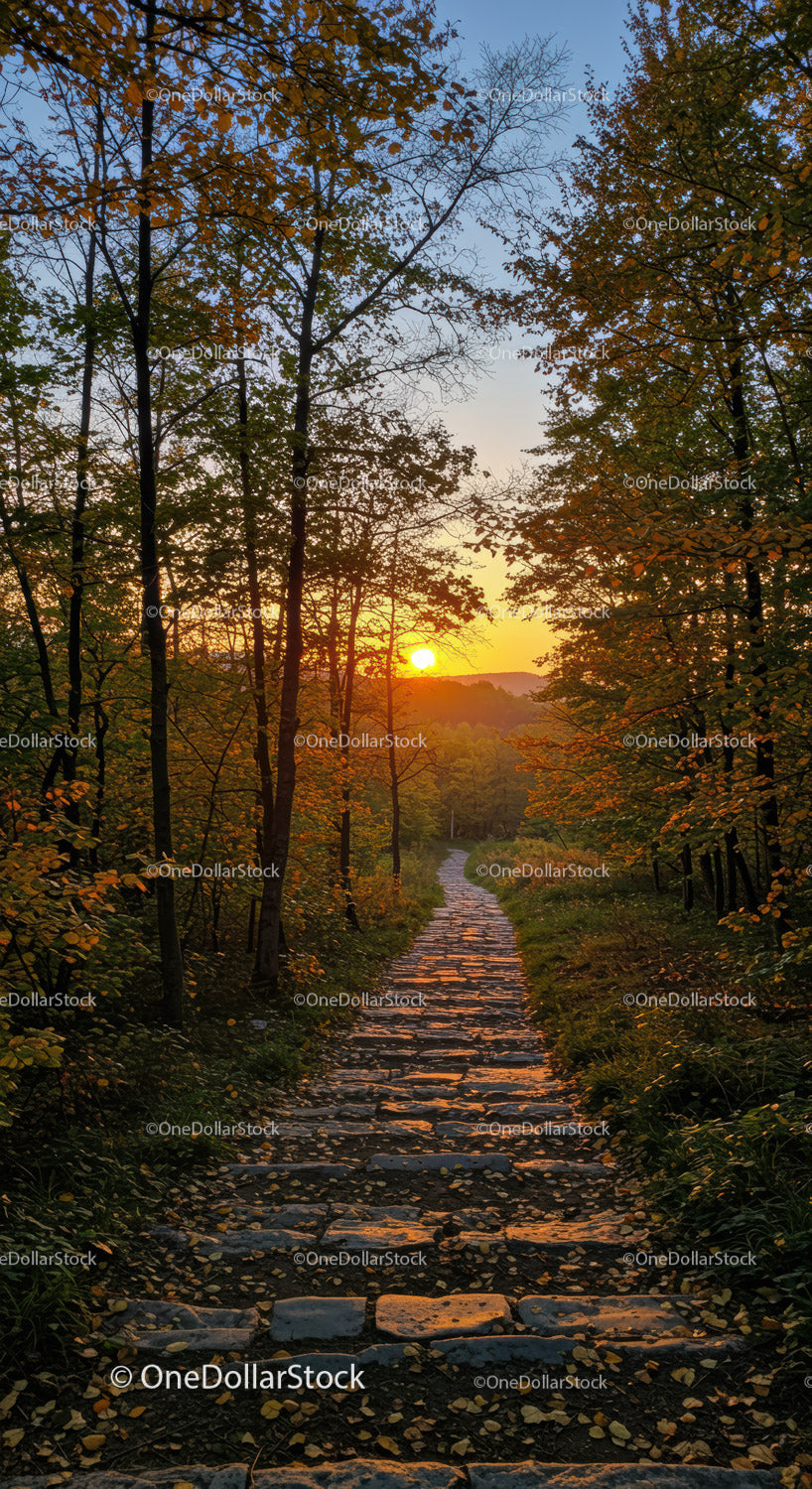 Sunset Over Leafy Forest Path in Autumn with Golden Light