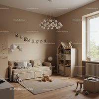 Minimalist Beige Kids Room with Natural Wood and Soft Lighting
