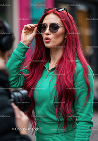 Vibrant Red Hair Woman in Green Tracksuit with Sunglasses in City
