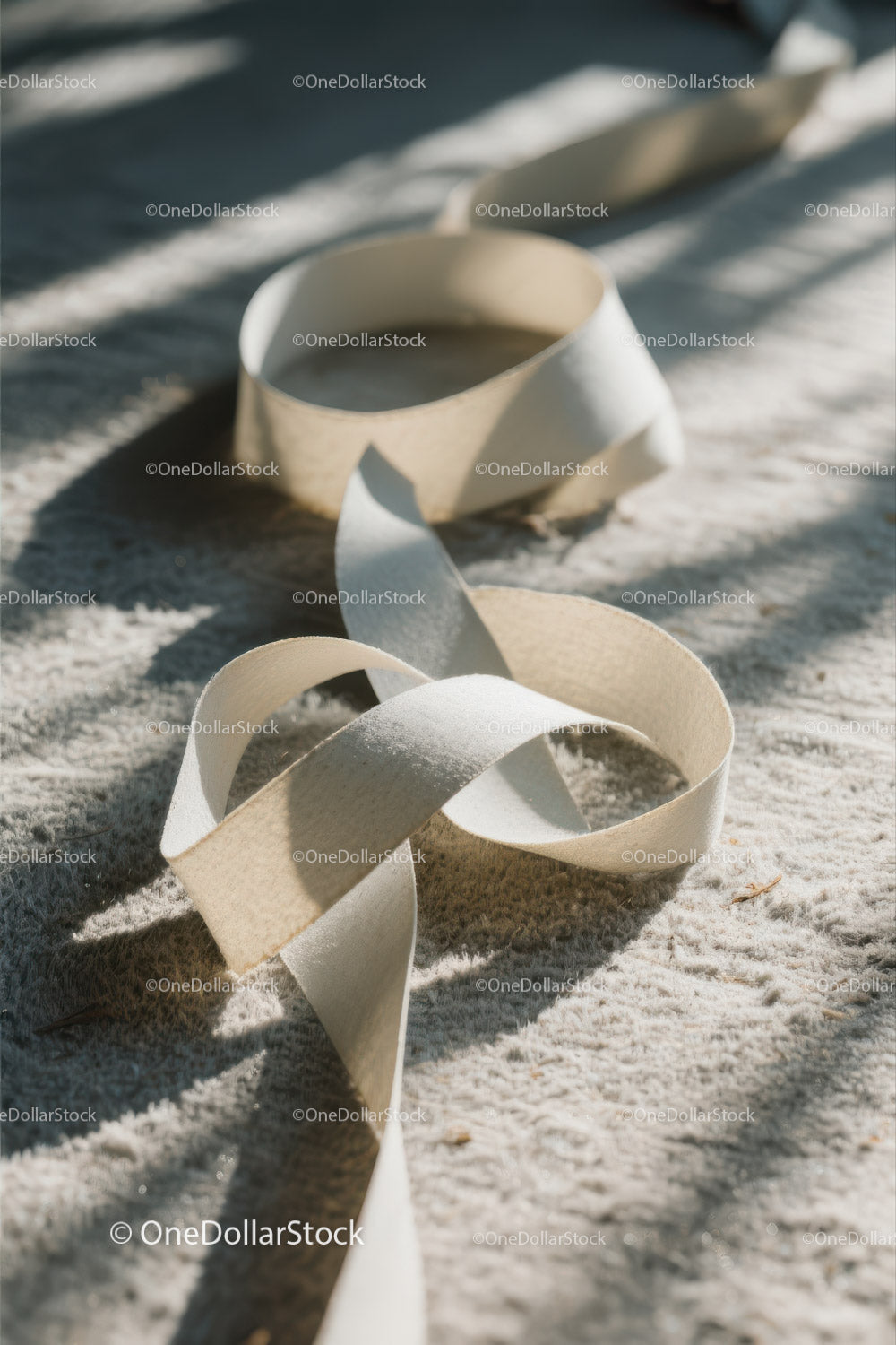 Close-up of White Plastic Ribbon Waste on Sandy Beach