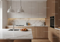 Modern Kitchen with Wooden Cabinets and Marble Countertop