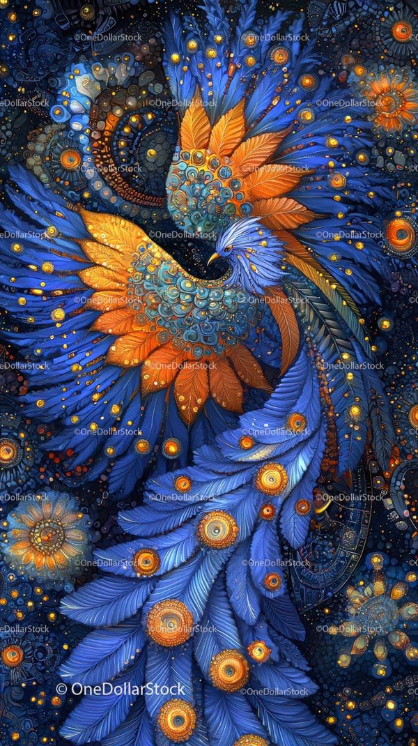 Majestic Blue and Orange Fantasy Bird with Sparkling Feathers