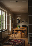 Cozy Dining Area with Natural Light and Wooden Furniture