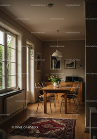 Cozy Dining Area with Natural Light and Wooden Furniture