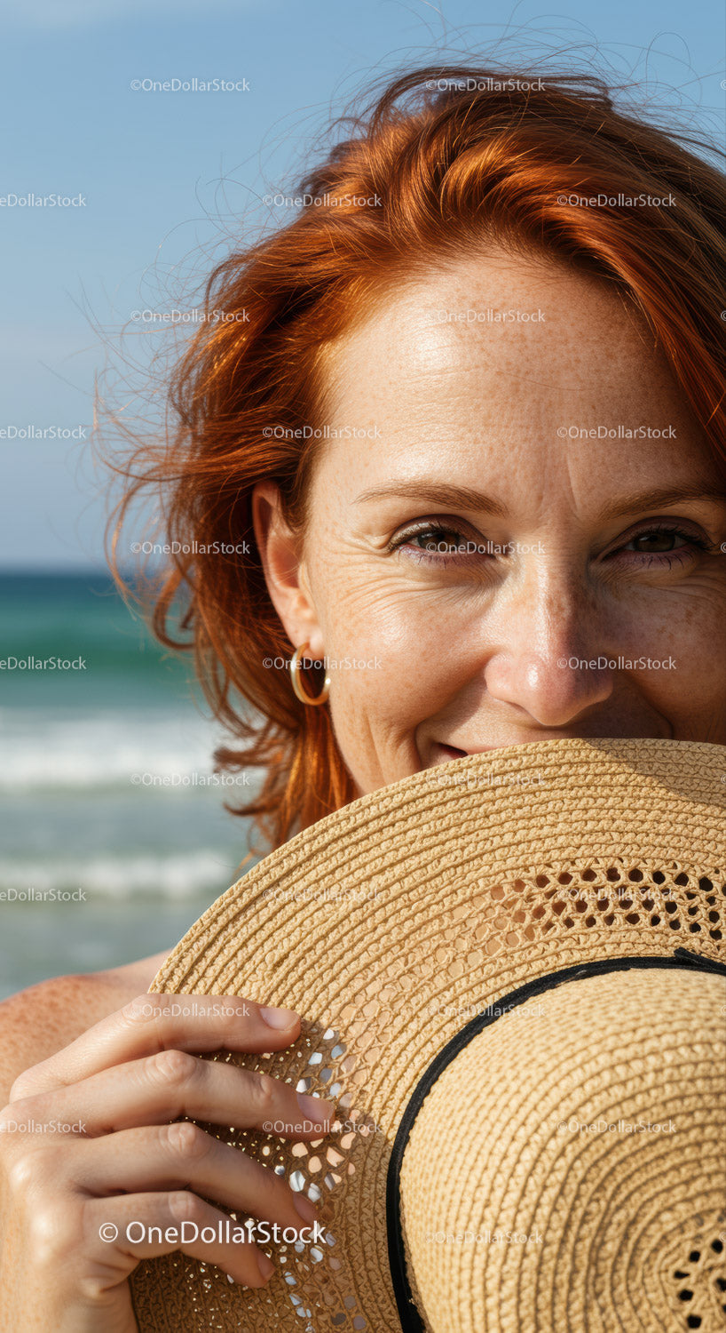 Happy Woman with Red Hair Holding Straw Hat at Sunny Beach
