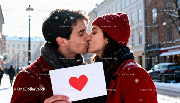 Couple Sharing a Tender Kiss on Snowy Street Holding Heart