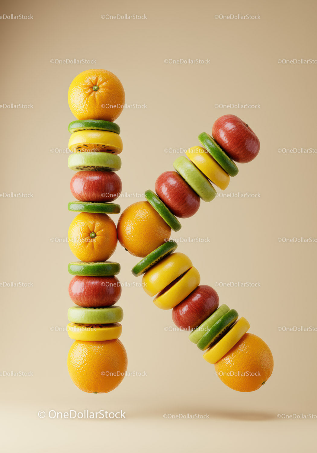 Letter K composed of fresh vibrant fruit slices
