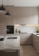 Modern Minimalist Kitchen with Beige Cabinets and Marble Surfaces