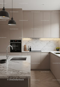 Modern Minimalist Kitchen with Beige Cabinets and Marble Surfaces