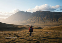 Scenic Mountain Range with Hiker in Grassy Valley Landscape