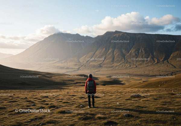 Scenic Mountain Range with Hiker in Grassy Valley Landscape