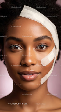 Close-up Portrait of a Young Woman with Bandages on Face Highlighting Skin Care
