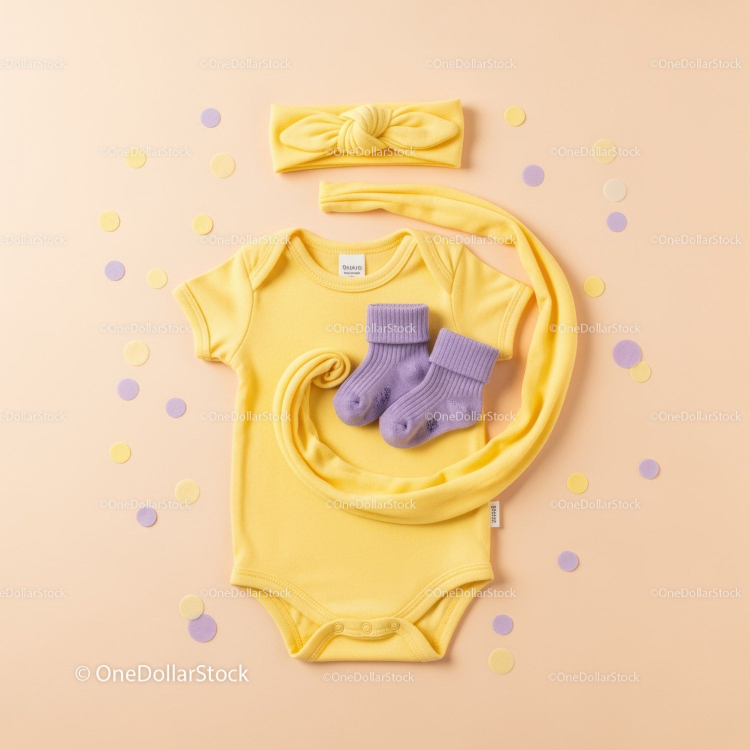 Yellow Baby Onesie Set with Purple Socks and Headband