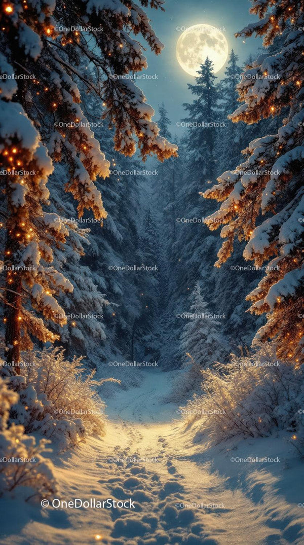 Snowy forest path illuminated by full moonlight