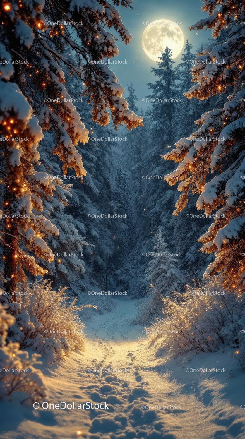 Snowy forest path illuminated by full moonlight