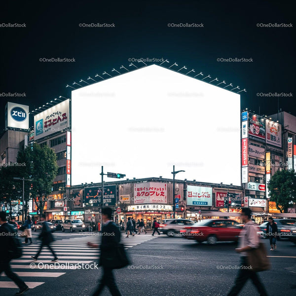 Busy Japanese city intersection at night with illuminated billboard JPG Mockup Image
