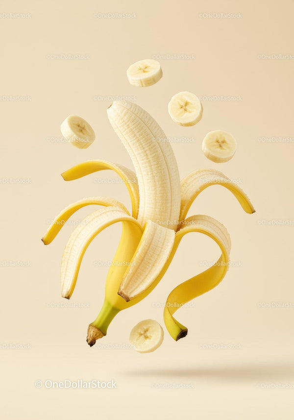 Peeled banana with floating slices on beige background