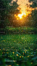 Sunlit Rain Droplets on Green Grass at Golden Hour