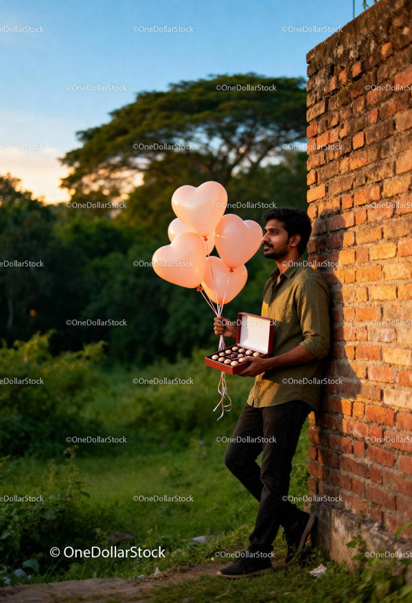 Man holding heart-shaped balloons and chocolates outdoors