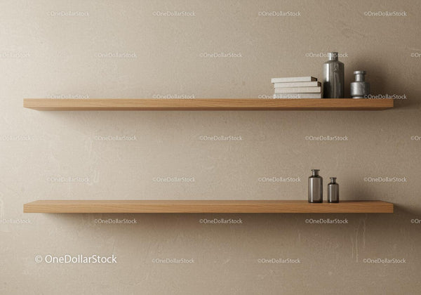 Modern Wooden Wall Shelves with Decorative Bottles and Books