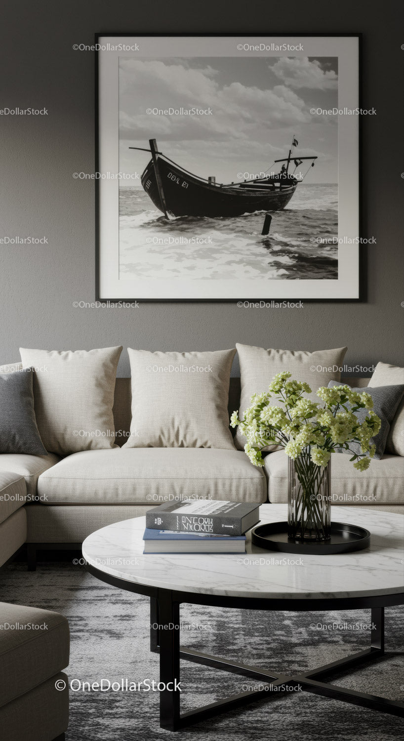 Serene Coastal Living Room with Boat-Themed Wall Art and Elegant Decor