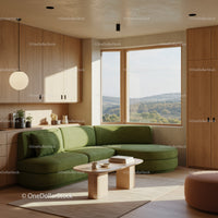 Modern living room with green sofa and scenic window view
