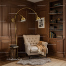Cozy armchair nook with warm wooden bookshelves