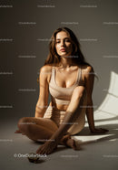 Young Woman in Beige Activewear Posing in Warm Light
