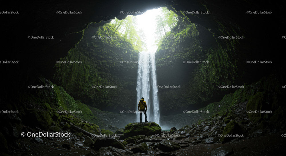 Mysterious Waterfall in Enchanted Cave Surrounded by Lush Forest