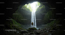 Mysterious Waterfall in Enchanted Cave Surrounded by Lush Forest