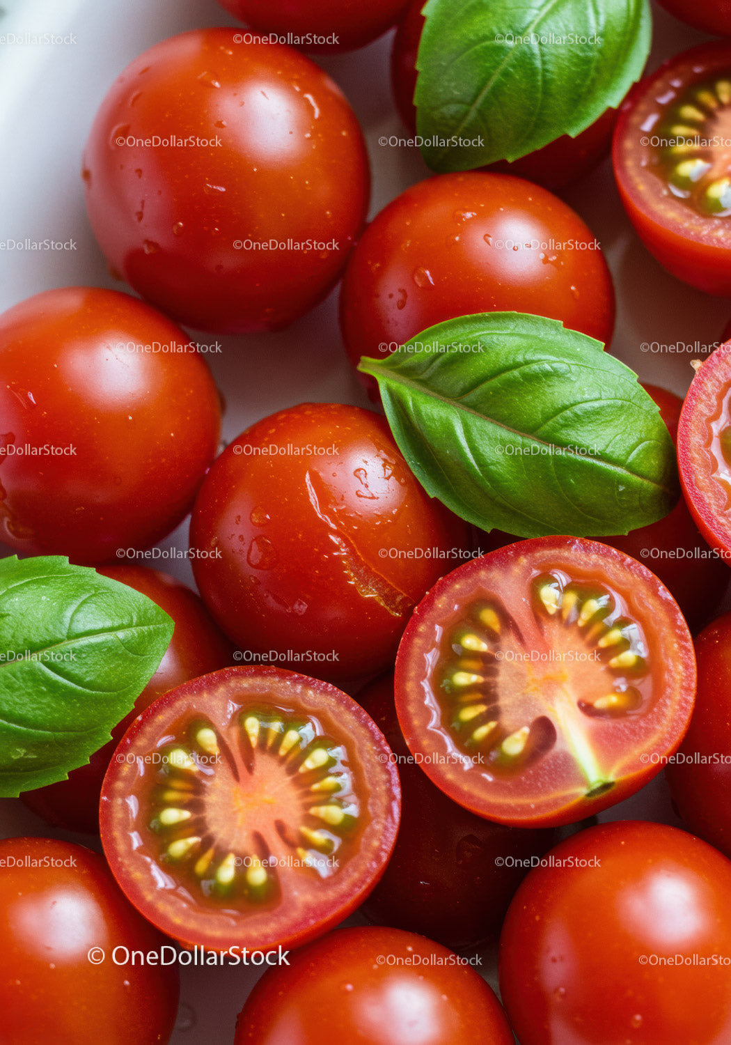 Fresh ripe cherry tomatoes with basil leaves closeup
