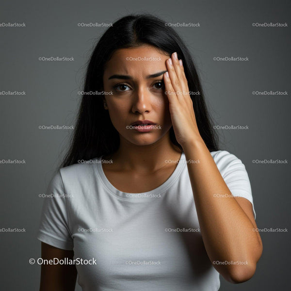 Female Woman Holding Head in Stress and Anxiety Indoor Portrait