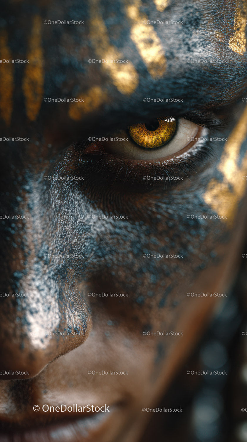 Close-up of An African Tribal Face with Gold Metallic Body Art