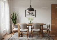 Bright Modern Dining Room with Wooden Table and Houseplant