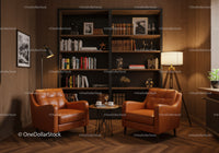 Cozy reading nook with leather chairs and wooden shelves