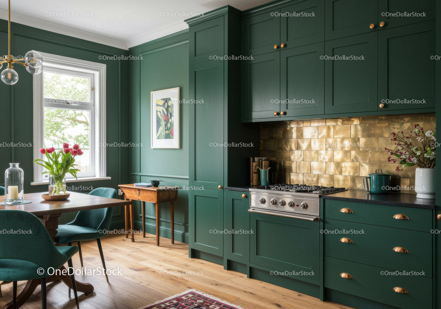 Modern Cozy Kitchen with Green Cabinets and Brass Accents