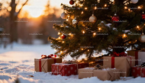 Christmas gifts under decorated tree at sunset in snow