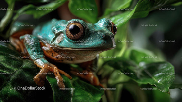 Close-Up of Green Frog on Leaf in Dense Jungle Environment